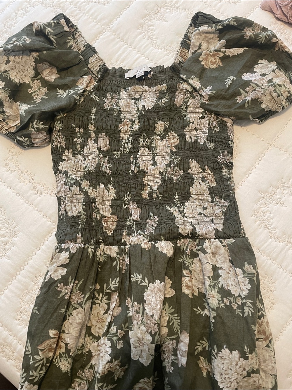 LOFT Olive Green Floral Midi Dress with Puff Sleeves - Picture 3 of 4